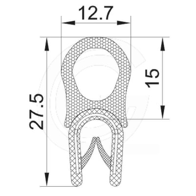 Klemprofiel | PVC | mosrubber kraal top | zwart | 27,5 x 12,7 mm | rol 50 meter